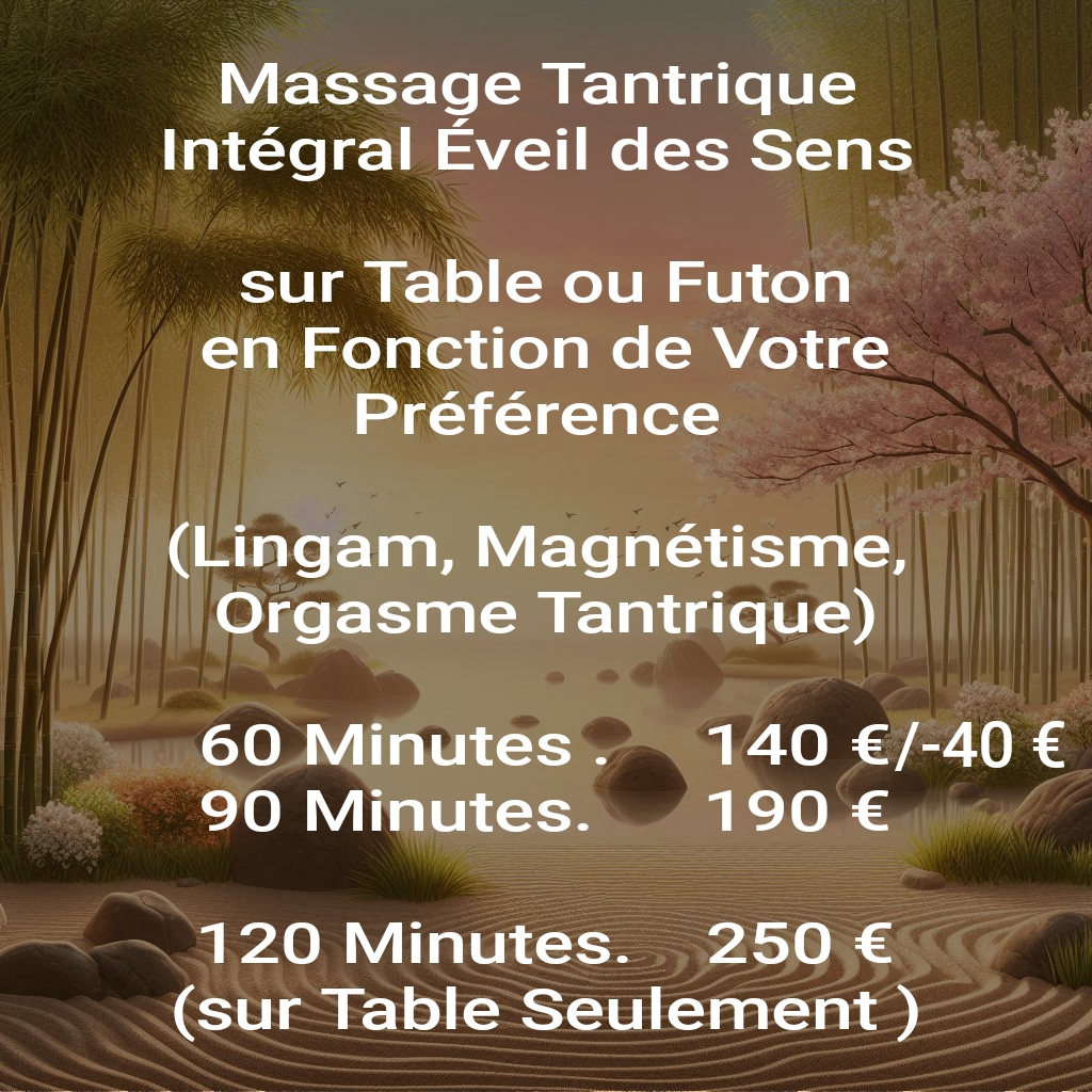 60 minutes 100 €, 90 minutes 190 €, 120 minutes 250 €. Ici je fais du Massage Tantrique et Naturiste et rien d'autre. Si vous voulez une Prestation Sexuelle il faut aller chez les "Masseuses" qui utilisent un Site Web Anonyme, SANS nr de Téléphone, SANS nom, SANS Photo avec un texte prétextant le contraire, un Tarif Moindre qui augmente quand vous êtes sur le Futon ou la Table, donc vous avez accès à Mon nr de Téléphone, nom et Photo.